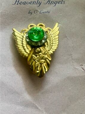 Heavenly Angels Gold Angel Pin with Emerald Green Crystal by C. Lentz in Iowa